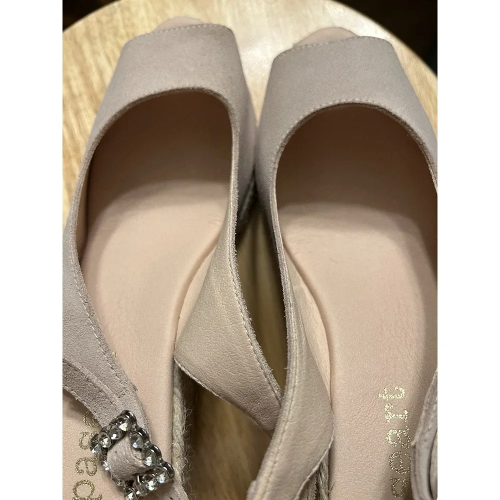 Paseart Spain Leather‎ Suede Jute Espadrille Wedge Sandals Peep Toe Rhinestone 9